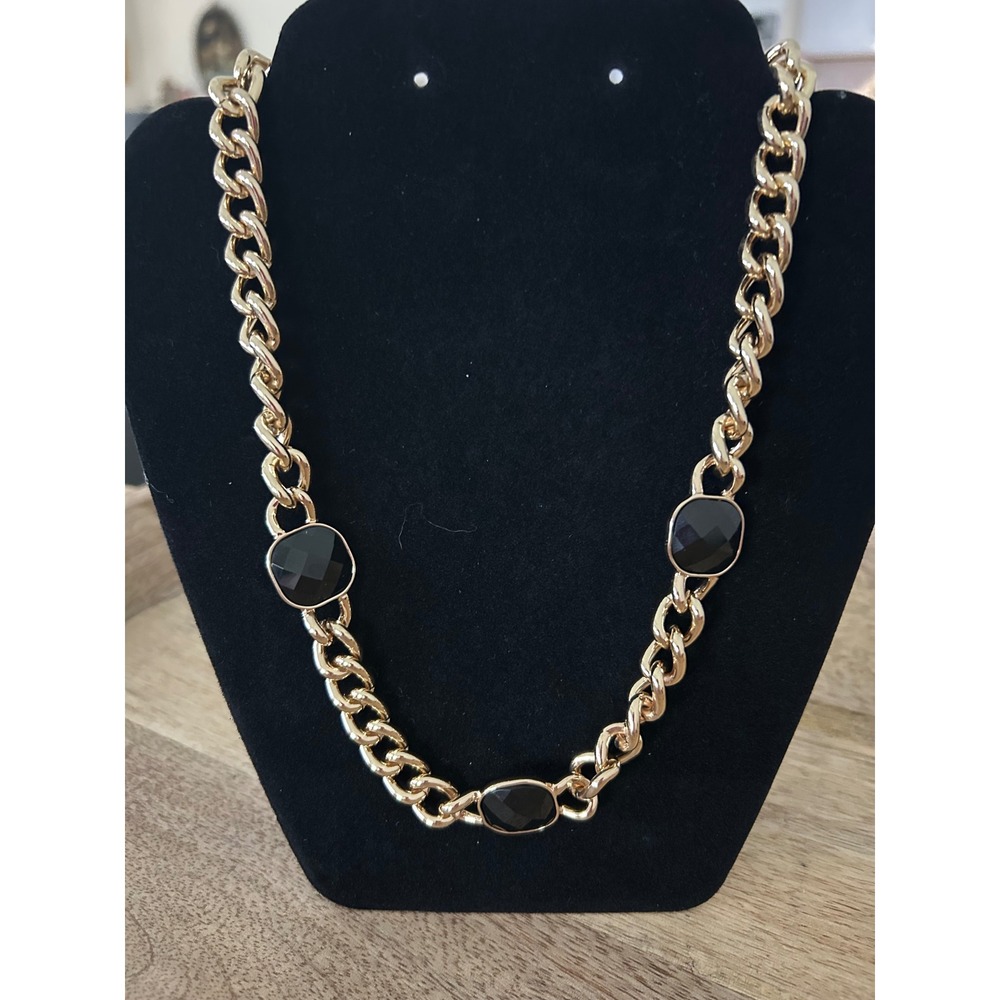 Gold Tone Chunky Curb Chain Necklace with Black Stone Accents Statement Jewelry